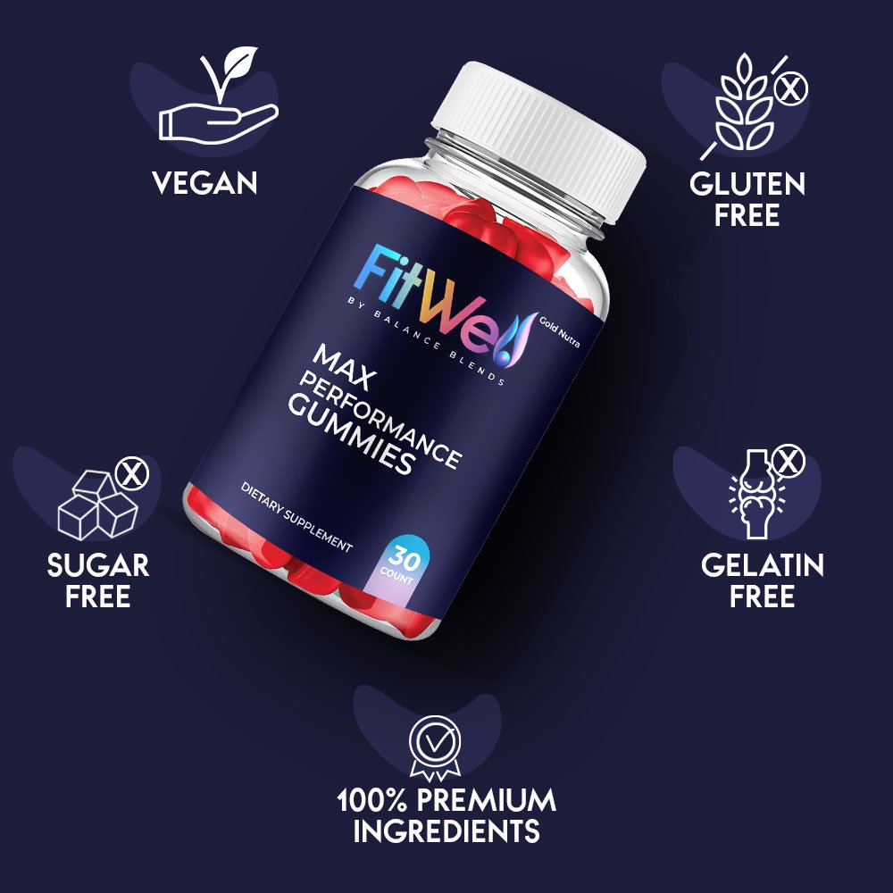 Fitwell gummies bottle surrounded by vegan, gluten free, sugar free and gelatin free icons